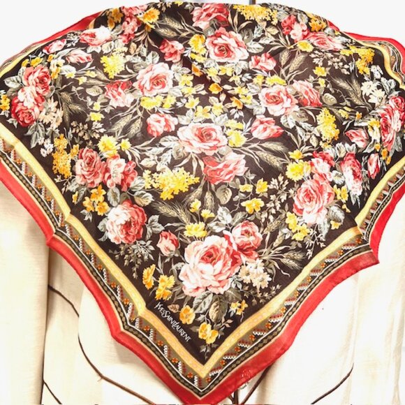 New Yvest Saint Laurent  Mini Scarf handker 19" cotton orang pink green flora(92 - Picture 4 of 7